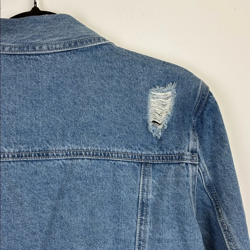 Doe & Rae Blue Distressed Denim Jacket With Stripes Size Small